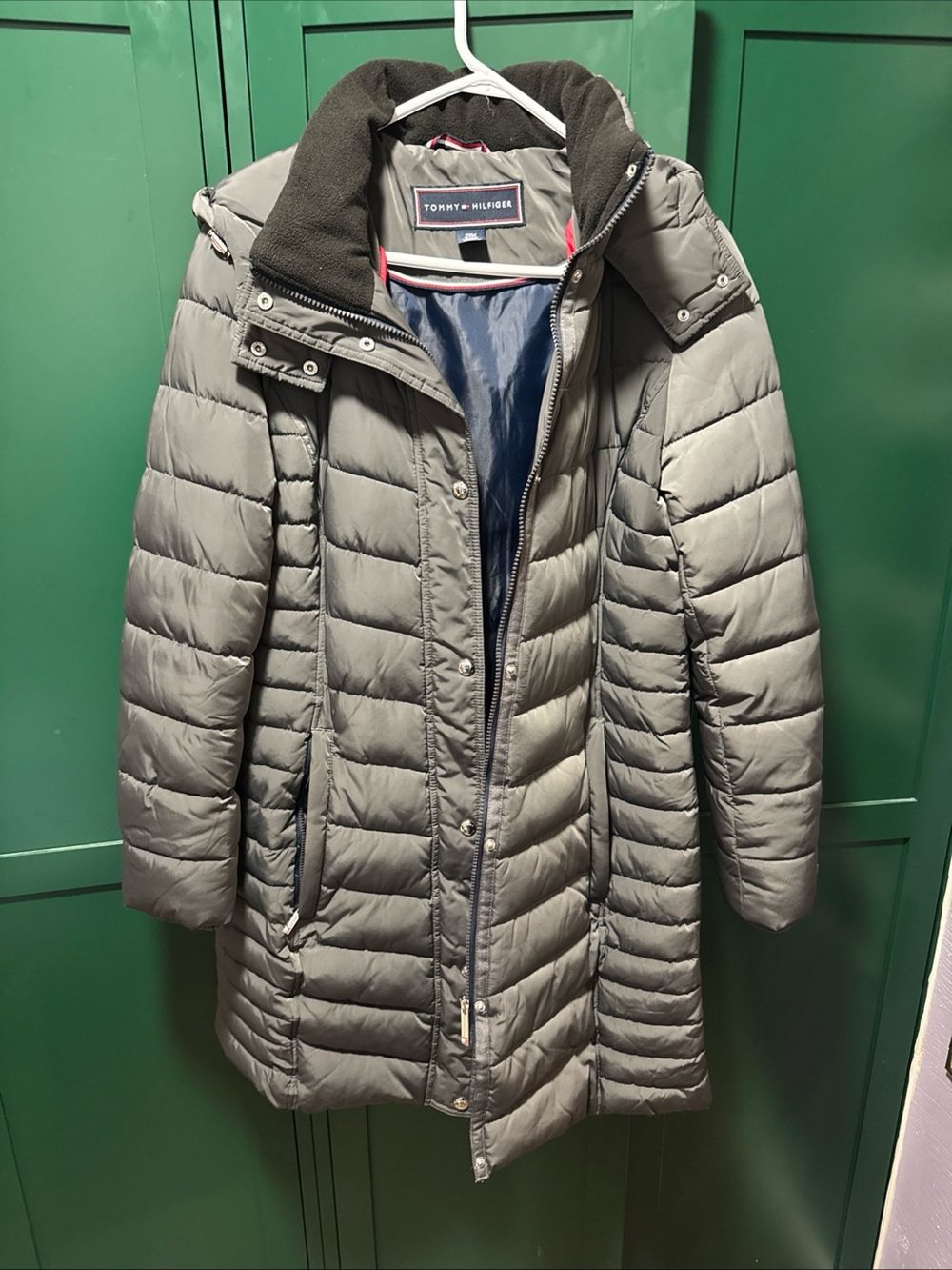 Tommy Hilfiger Gray Quilted Long Puffer Jacket with Hood